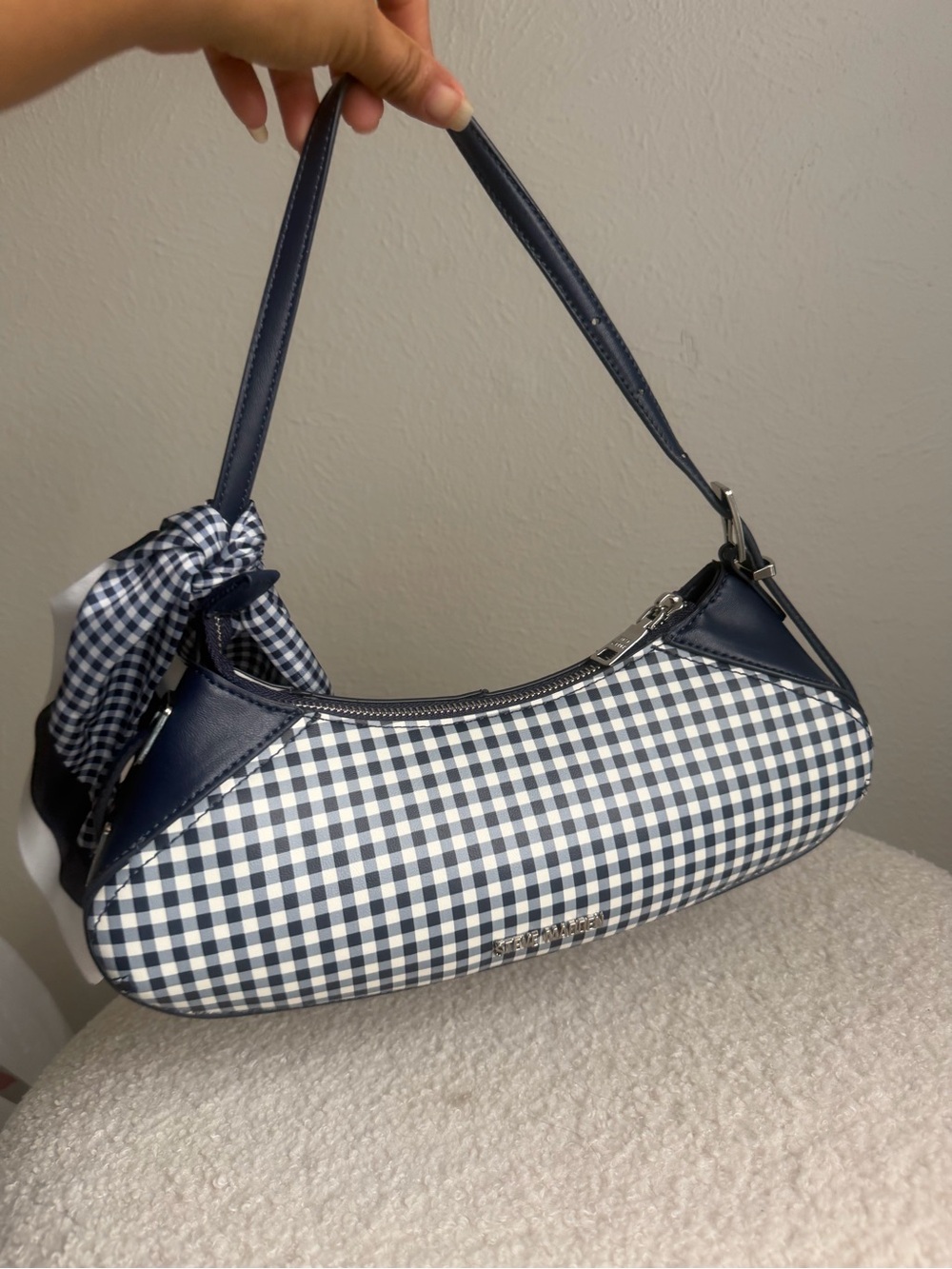 Gingham Shoulder Bag in Navy Blue
